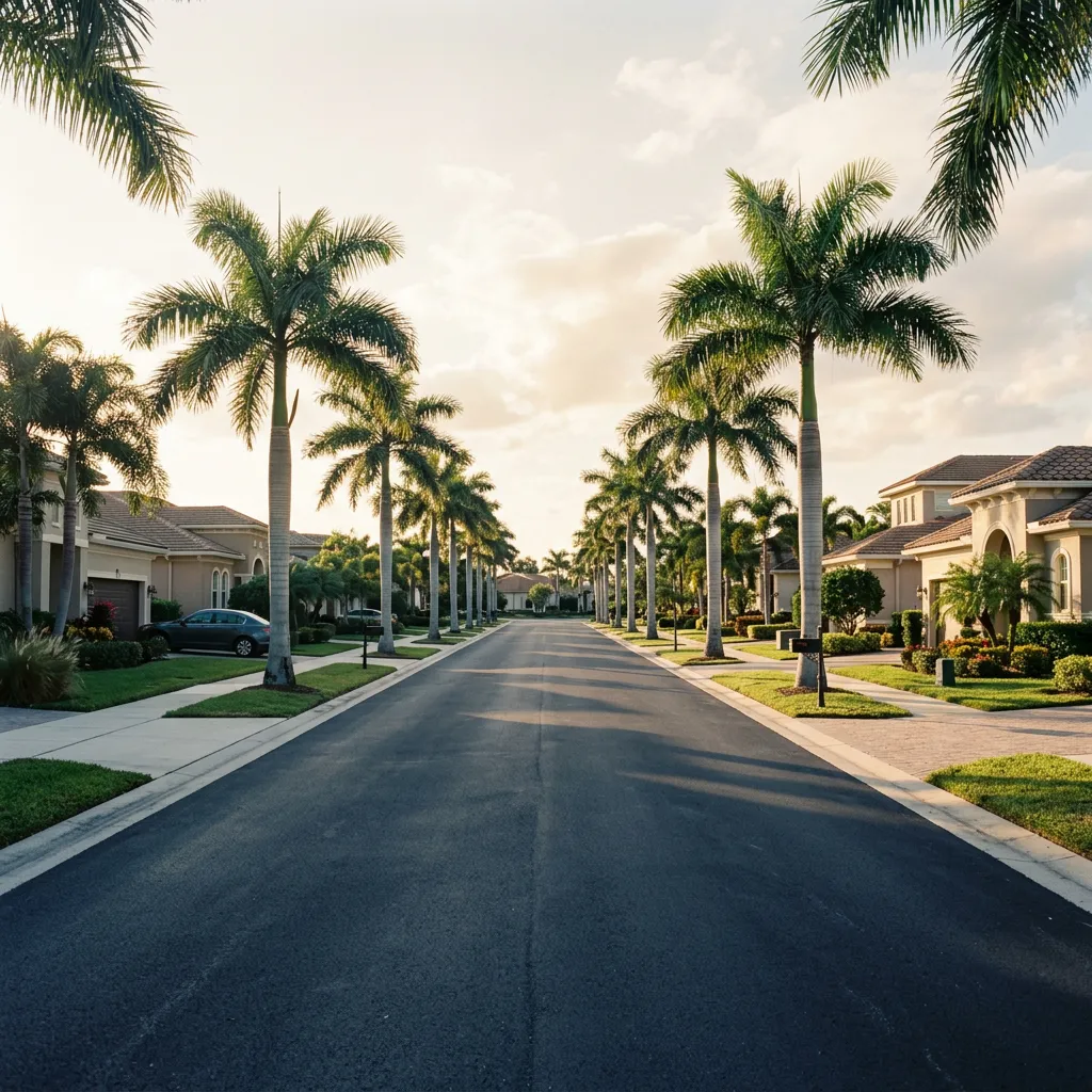 Quiet sunlit residential street with palm trees and well-kept single-family homes in Florida