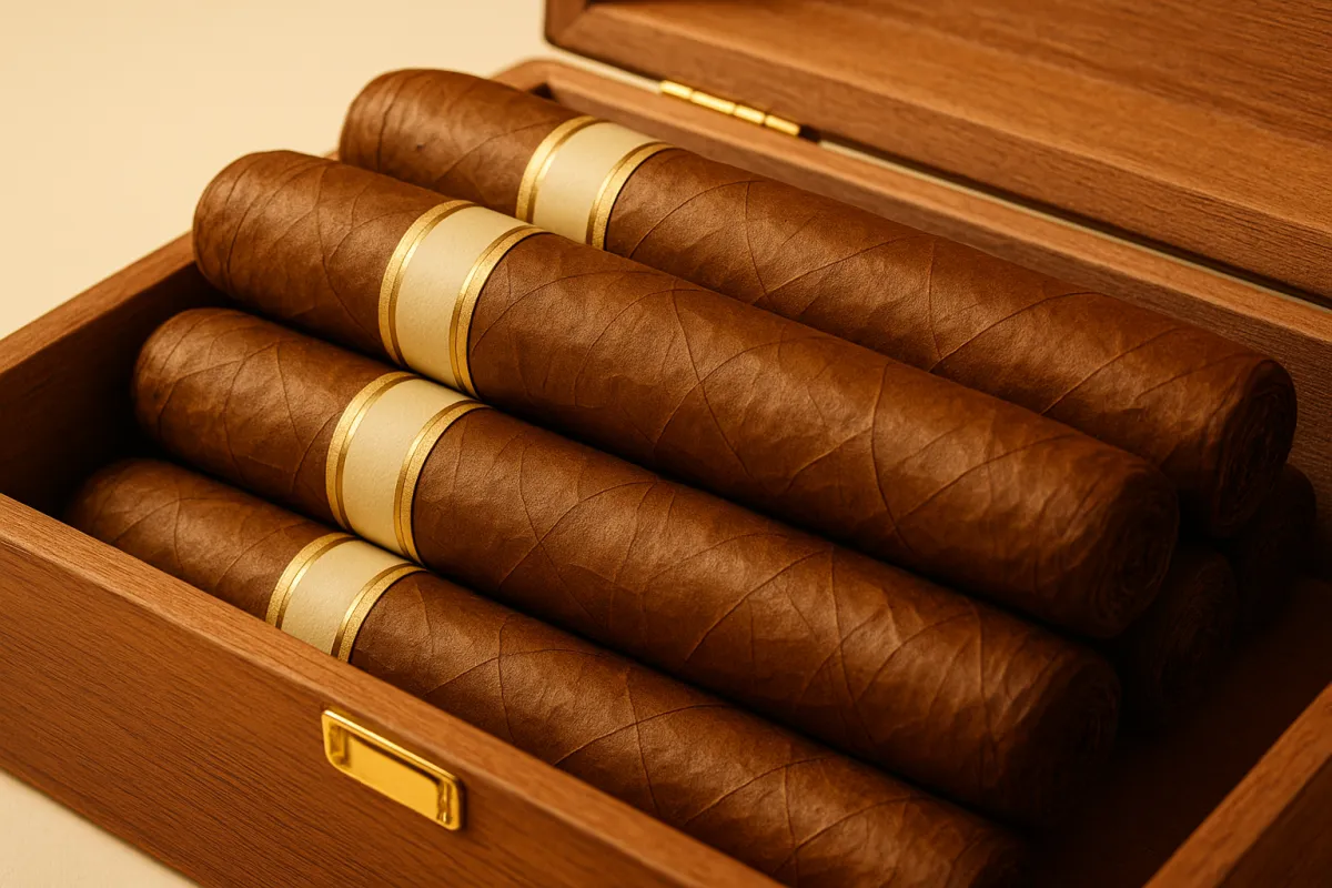 Close-up of curated cigars in a premium humidor