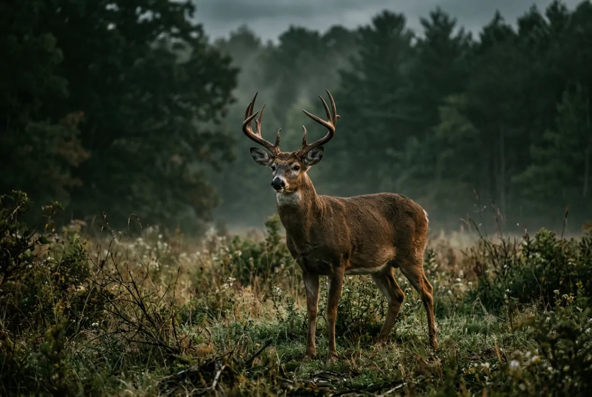 Whitetail buck standing in a misty rural woodland meadow habitat