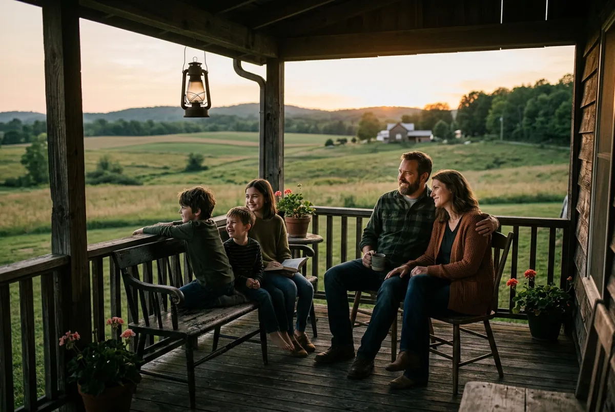 Rural family relaxing together on a cozy farmhouse porch overlooking open fields