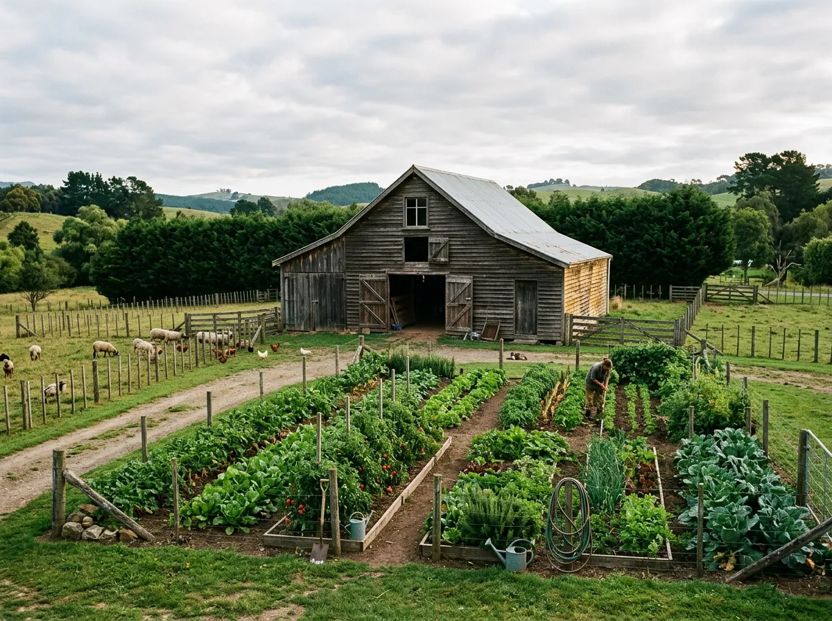 Rural acreage property with authentic timber barn, fencing, and working homestead garden