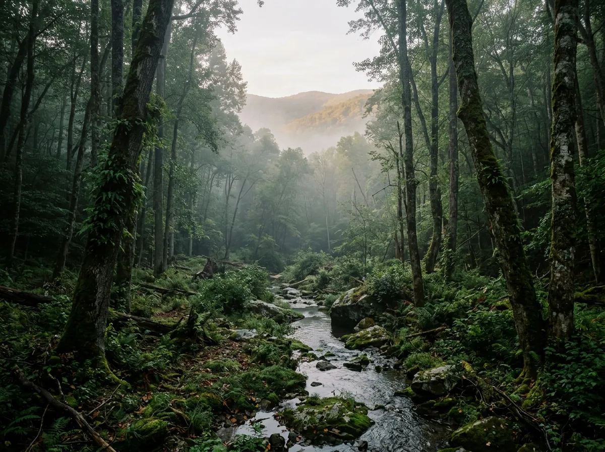 Whitetail deer habitat and misty Appalachian forest landscape for outdoor living
