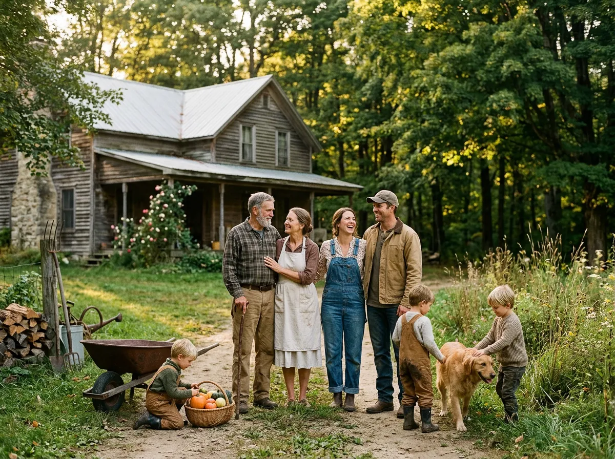 Multi-generational rural family enjoying time outdoors on their country property