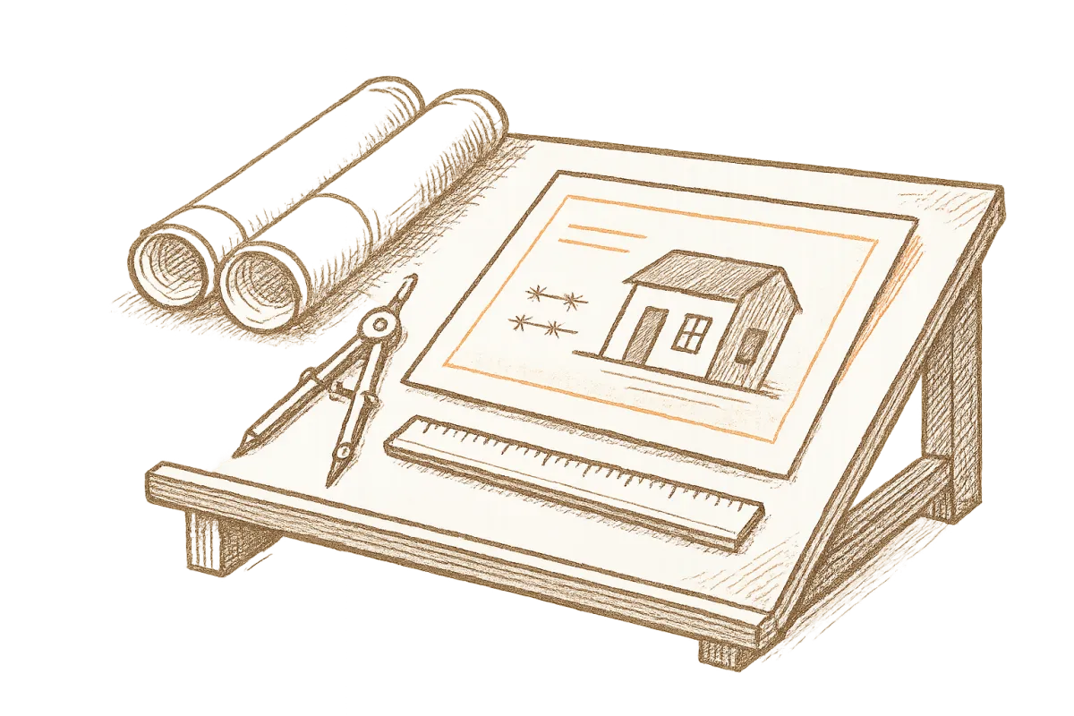 Line art sketch illustration of architectural drafting tools and tactile postcard layout blueprint