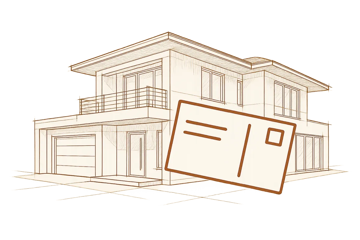 Technical blueprint illustration of a contemporary home with a tactile embossed direct mail postcard resting on a modern timber architectural desk