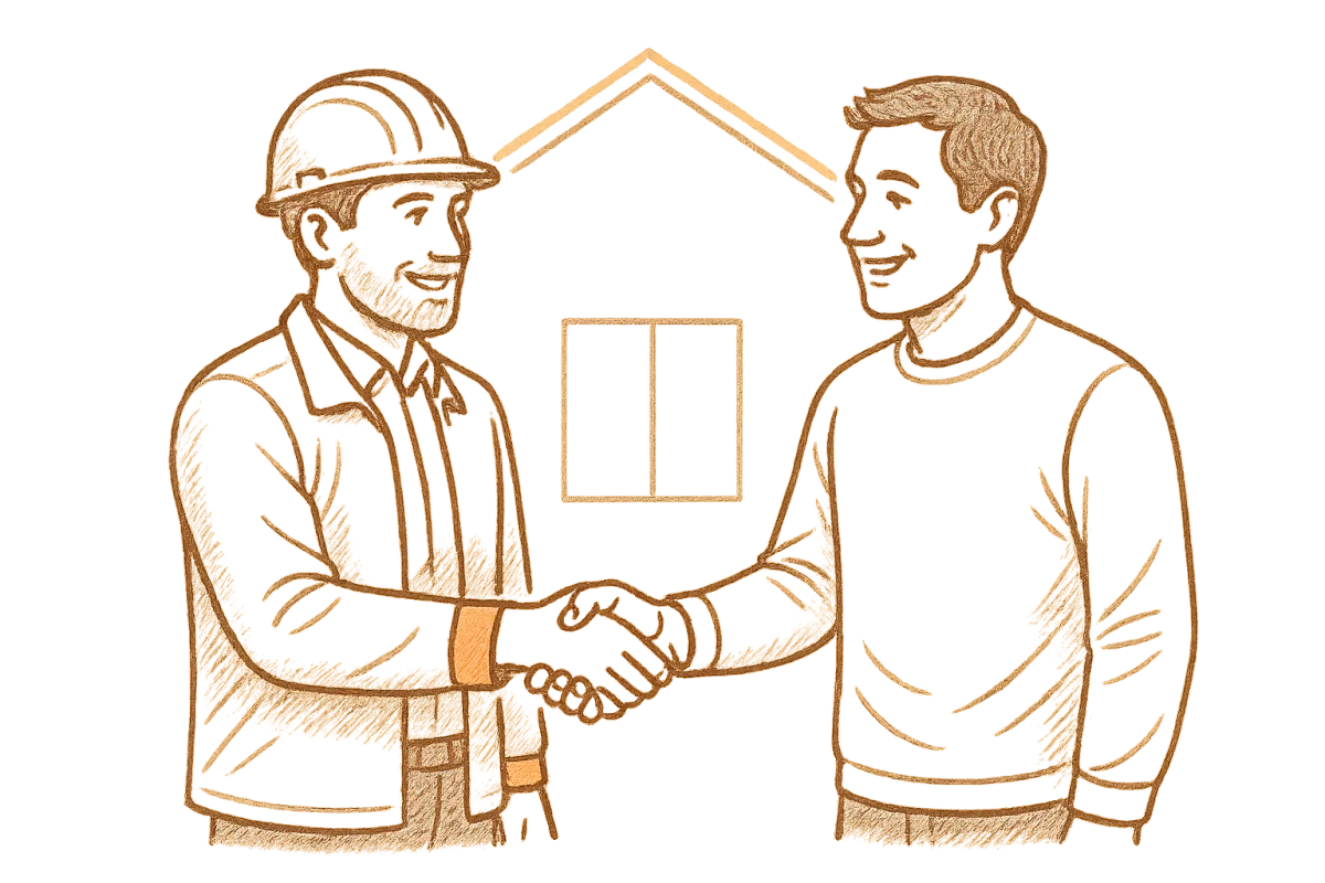 Line art sketch illustration of incoming consultation calls and residential remodel project contracts