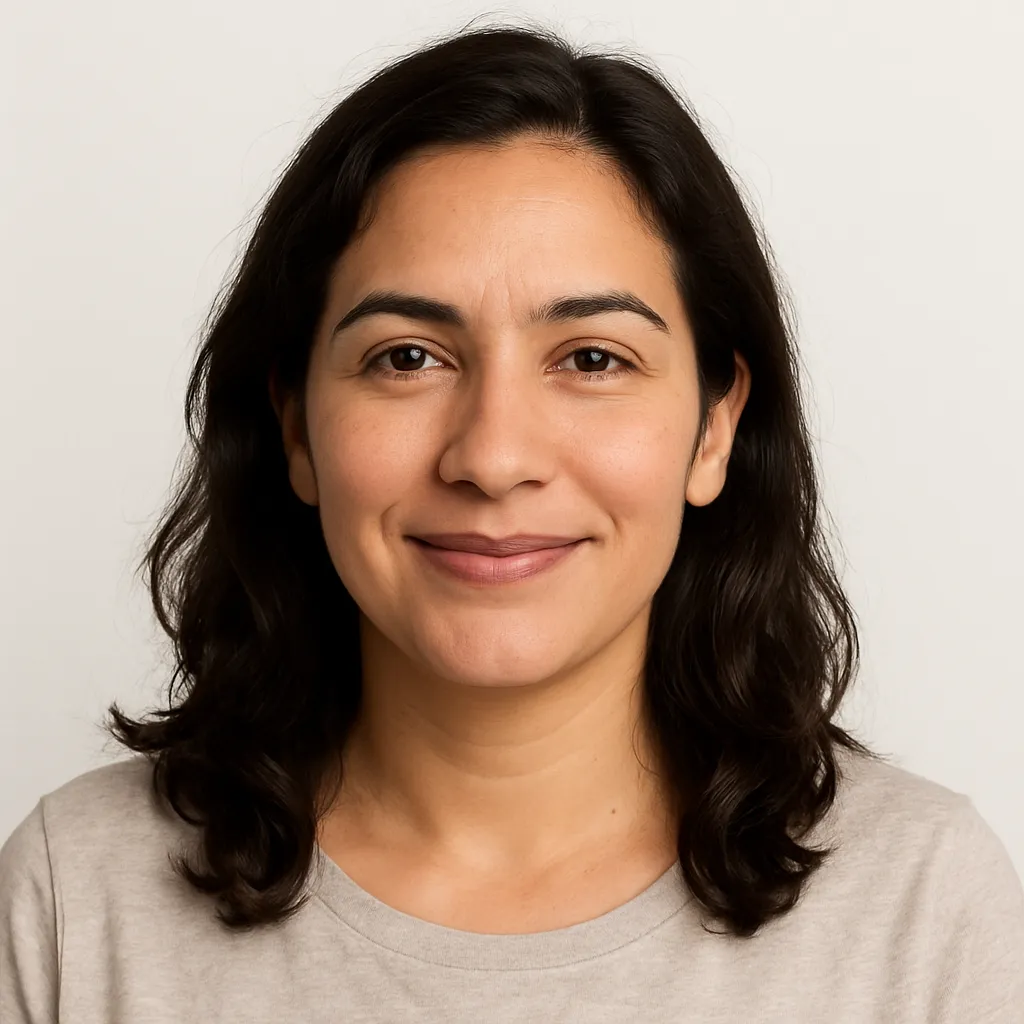 Portrait of A. Rodriguez, relaxed mid-30s Latinx woman smiling softly