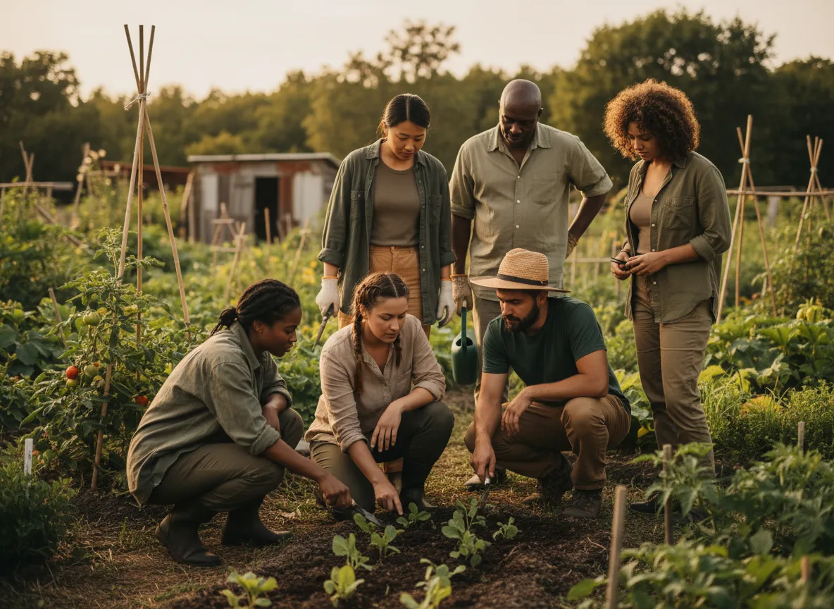 A small group of people in a garden observing soil and plants together