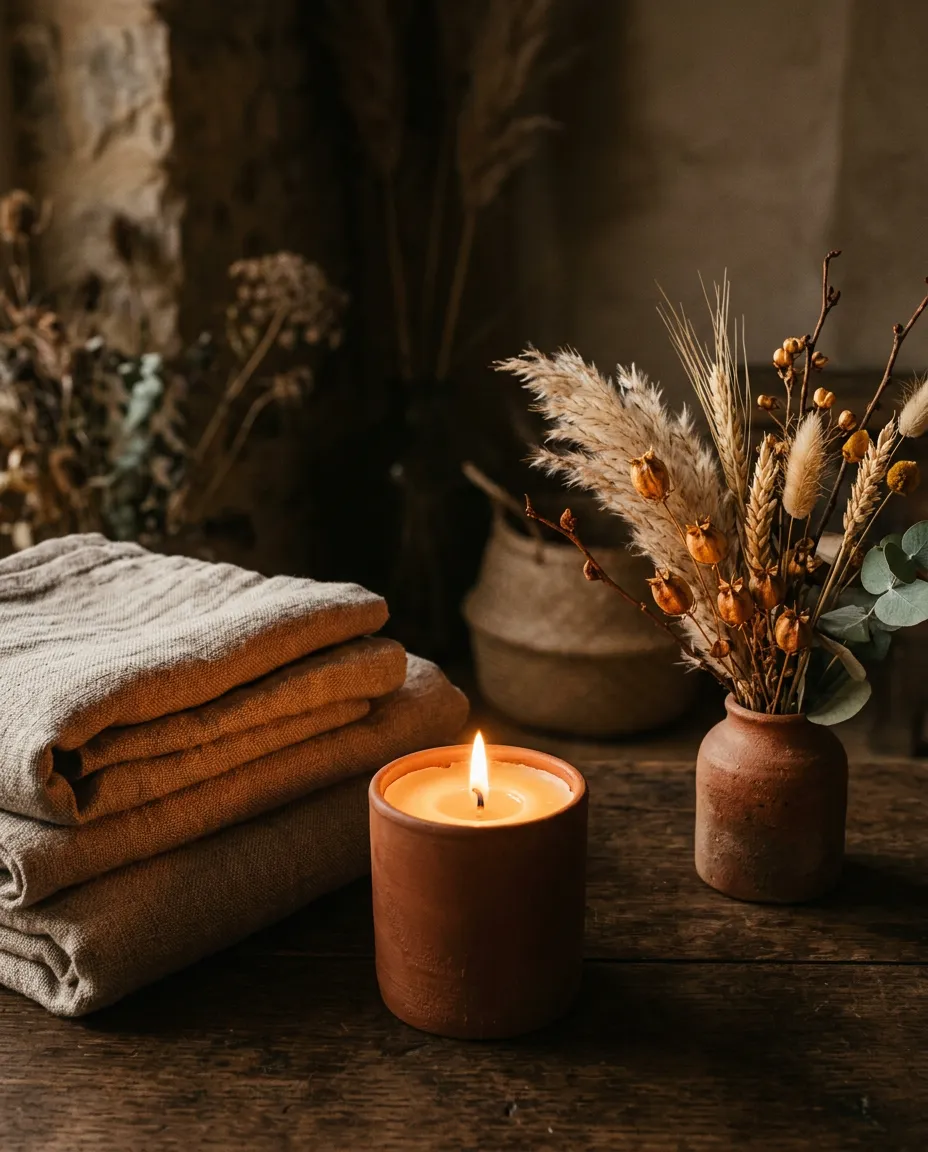 Cozy glowing beeswax candle beside textured linen and dried autumn botanicals