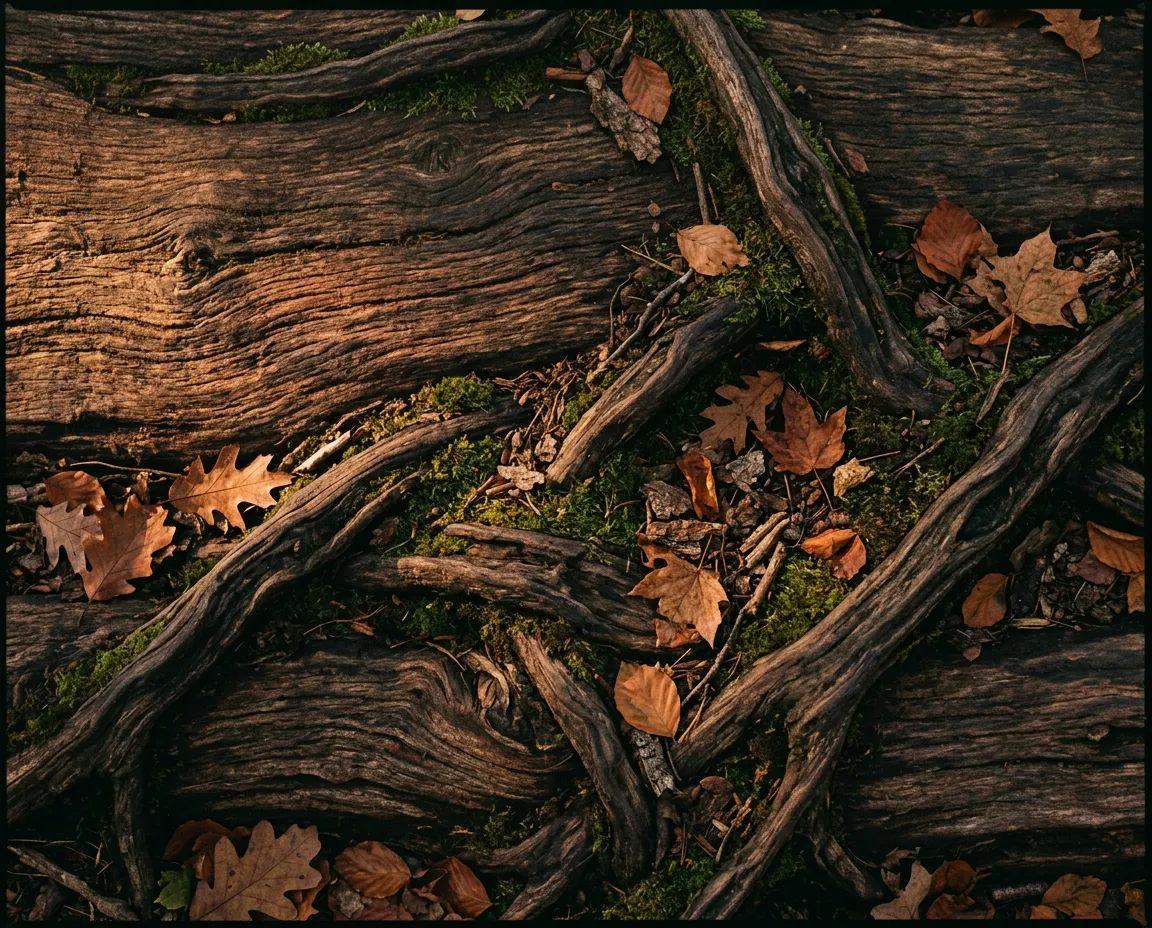 Tactile natural warm wooden grain and grounding earth textures in soft autumn light