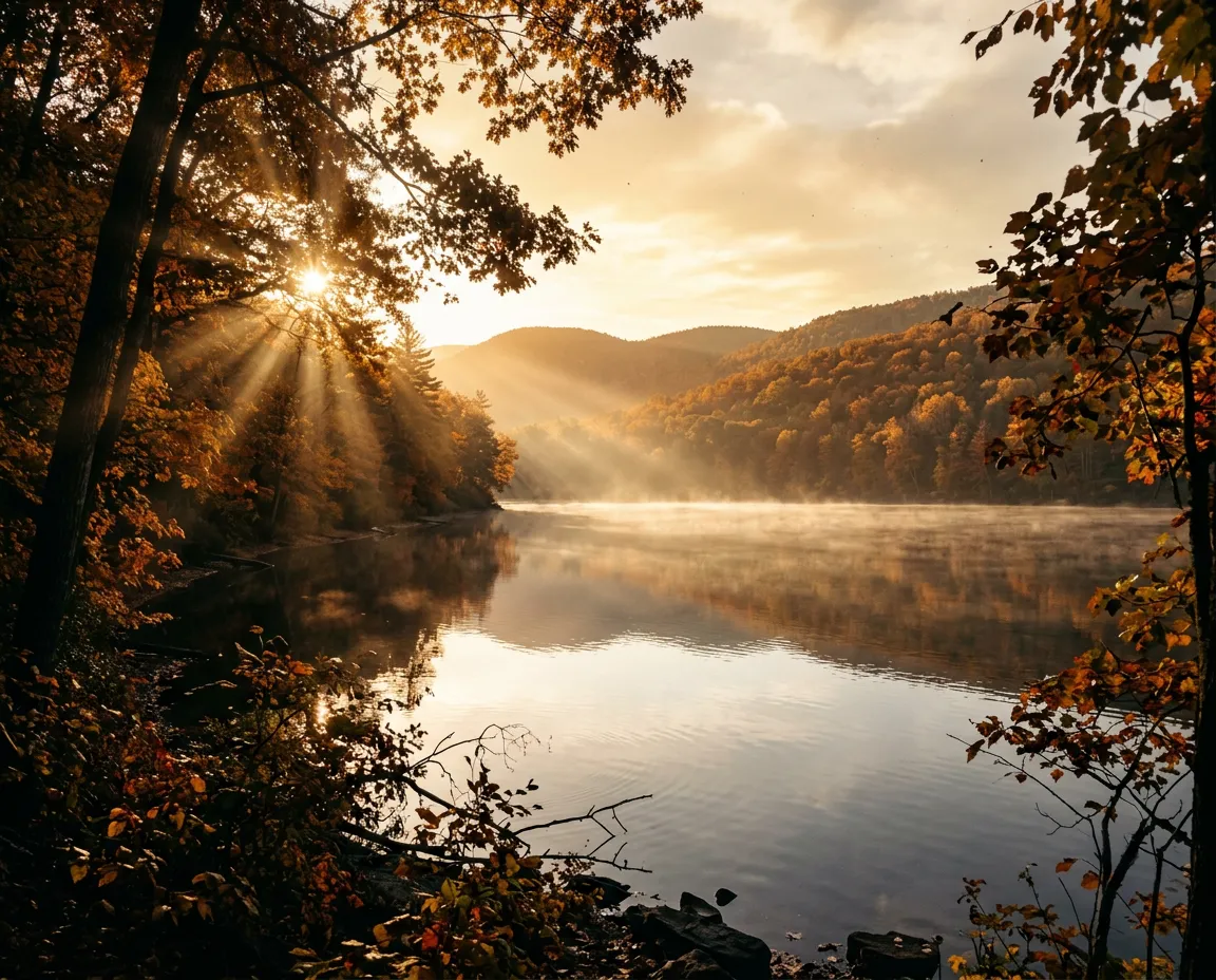 Expansive golden sunlight streaming through open autumn tree branches into serene retreat space