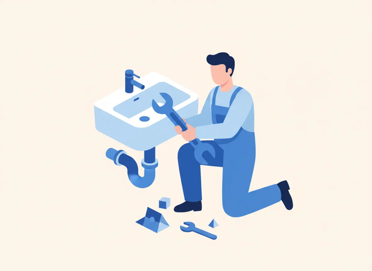Illustrazione minimalista di un idraulico che ripara un lavandino