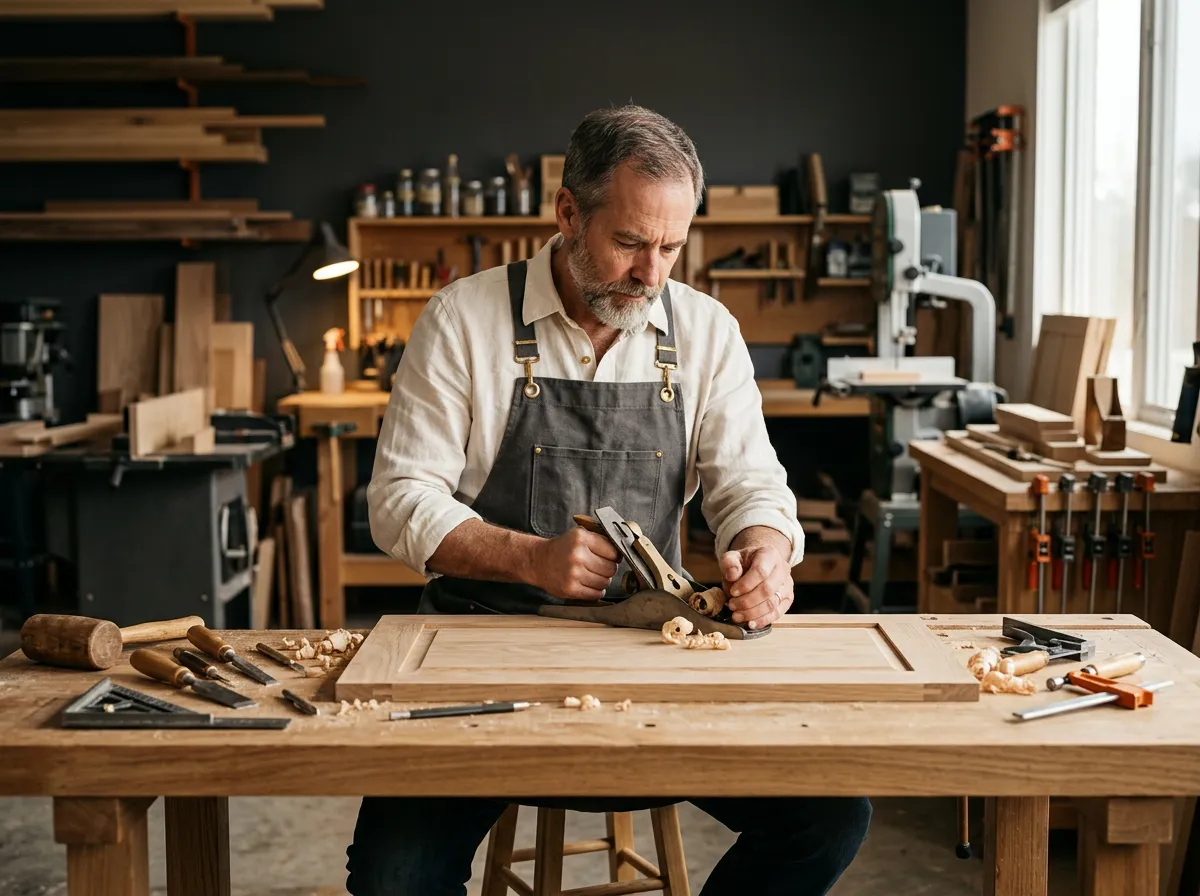 Cole's Carpentry master craftsman working on precision custom woodwork in workshop