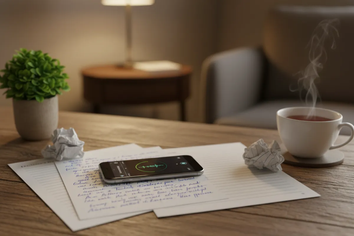 A close-up of a smartphone recording app capturing a man's voice, with handwritten notes and a printed manuscript draft on a wooden table. The setting is cozy, with a plant and a cup of tea, evoking a sense of productivity and simplicity.