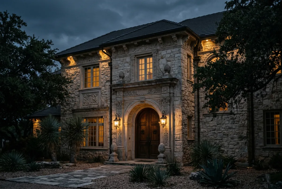 Historic oil boom manor in West Texas with refined architectural stone details