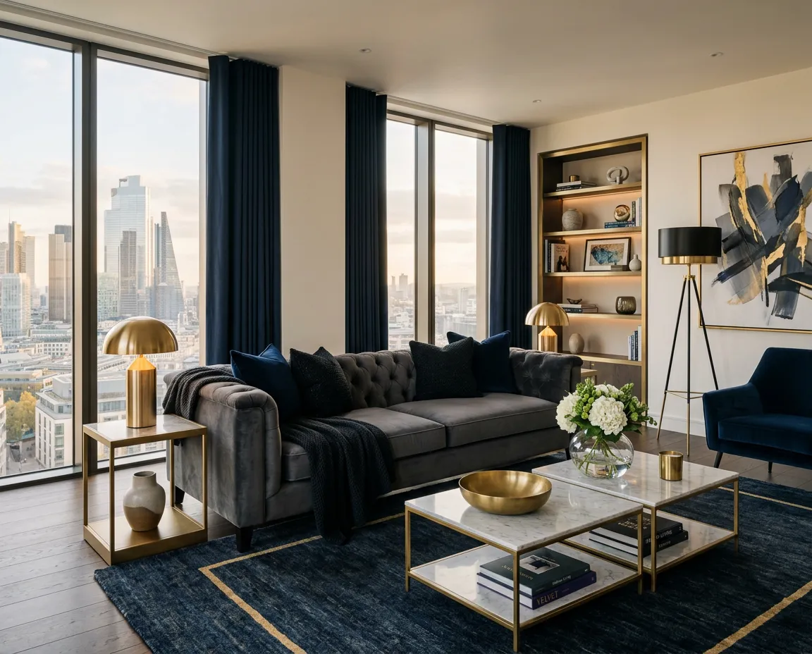 High-end luxury interior living space with architectural precision and warm lighting