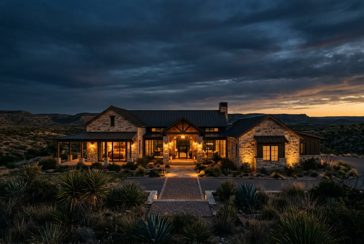 Moody architectural photograph of a luxury West Texas ranch estate at dusk