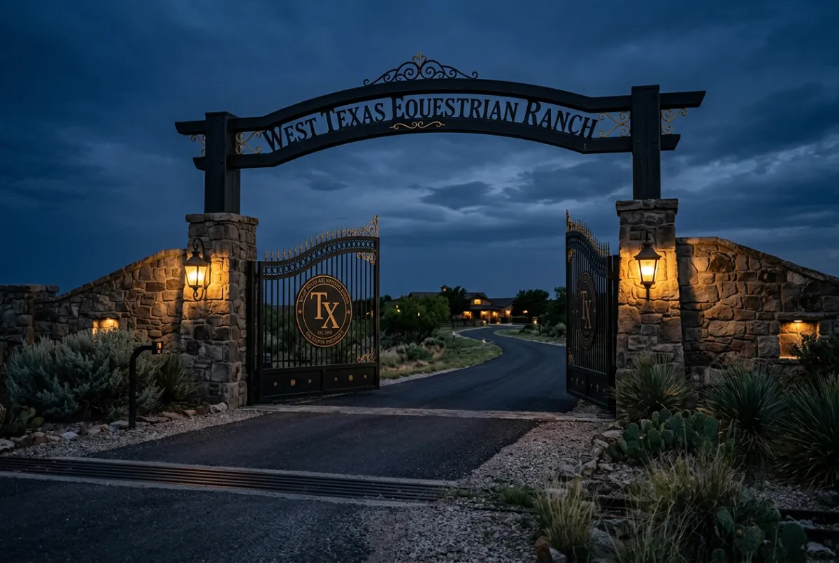 Private gate entrance to an exclusive equestrian ranch in West Texas