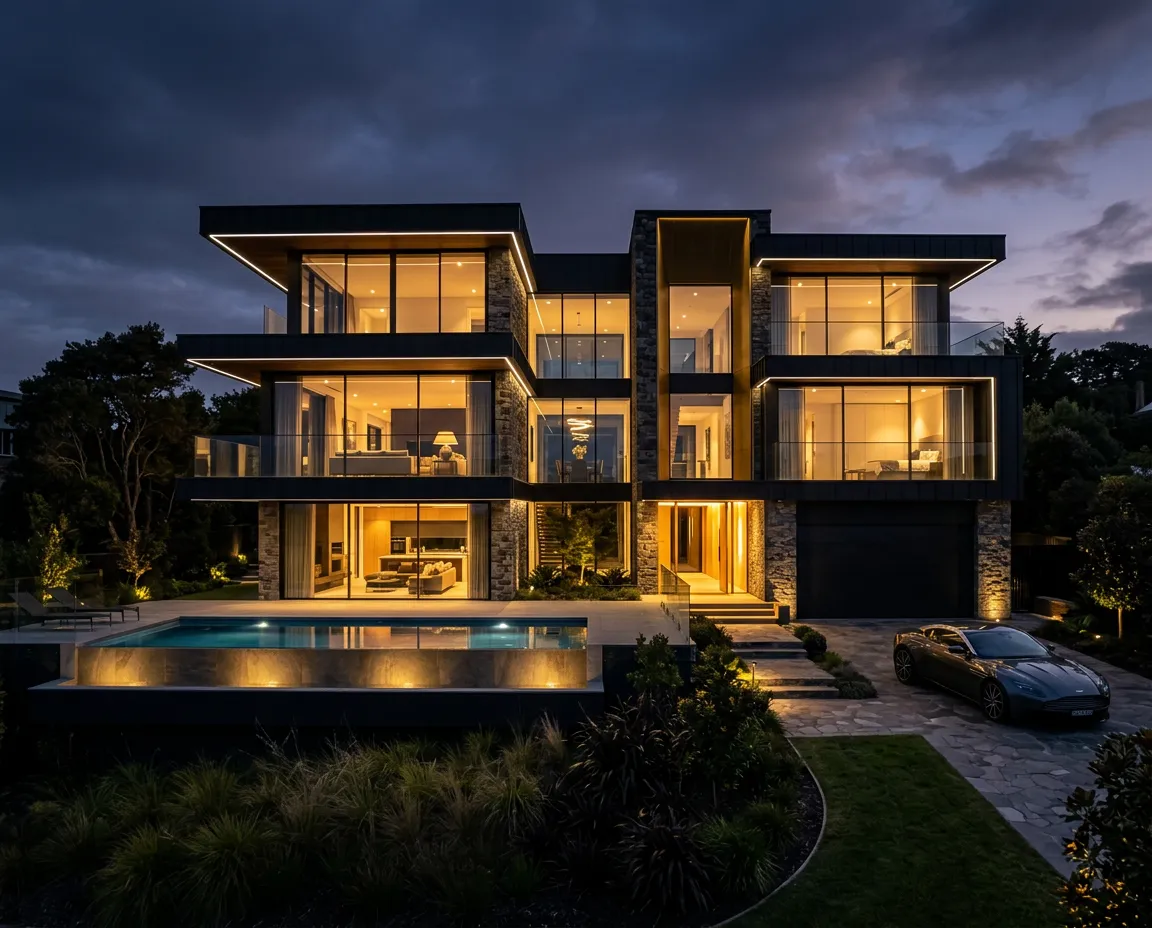 Luxury modern architectural residence exterior with dramatic night lighting