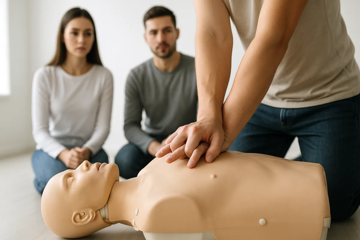 Hands performing CPR on a training manikin with trainees watching