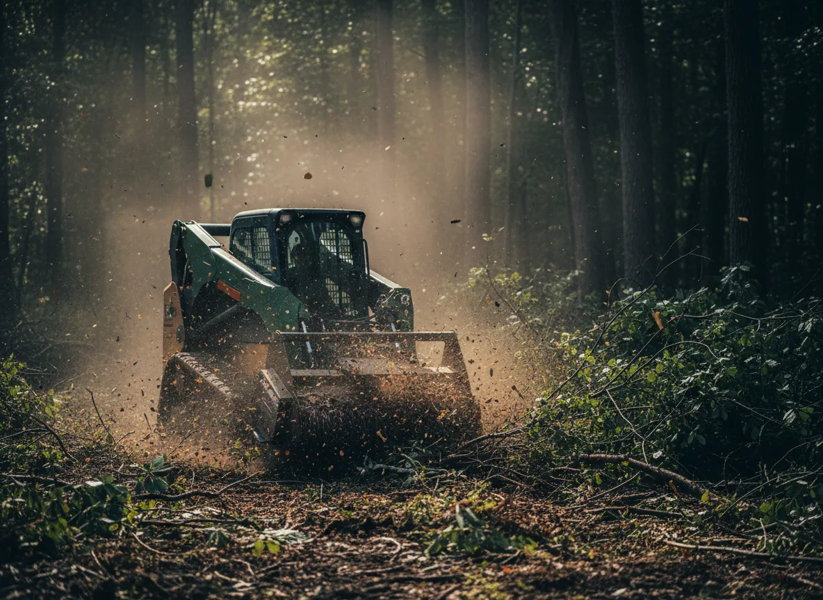 Heavy drum mulcher clearing overgrown brush and land