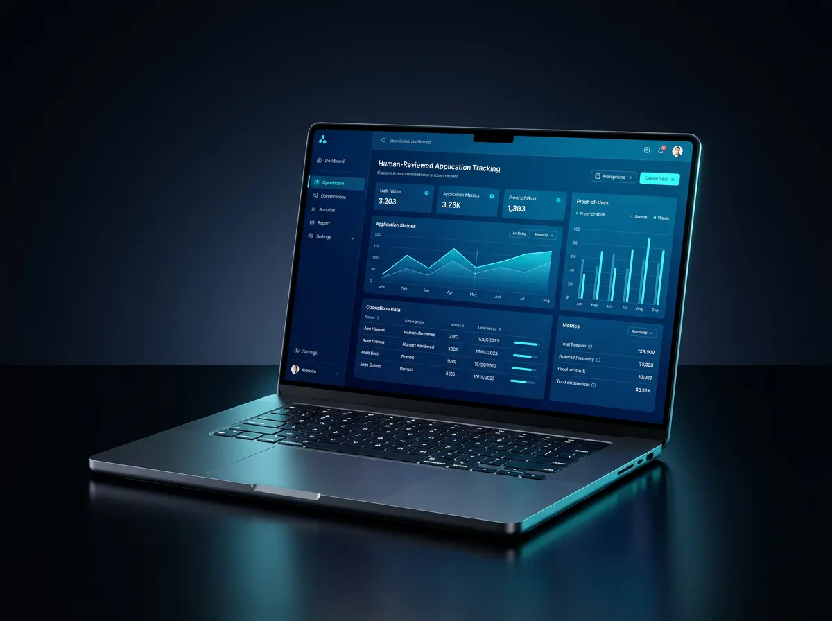 Ultra-high-end laptop mockup displaying the Application Engine live tracking dashboard and human review pipeline