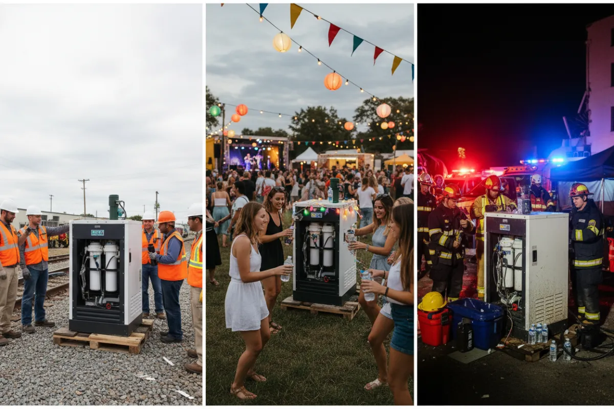 Collage showing AWGs in use: one at a rail site, another at a festival, and a third at an emergency response scene, each with distinct workers and settings.
