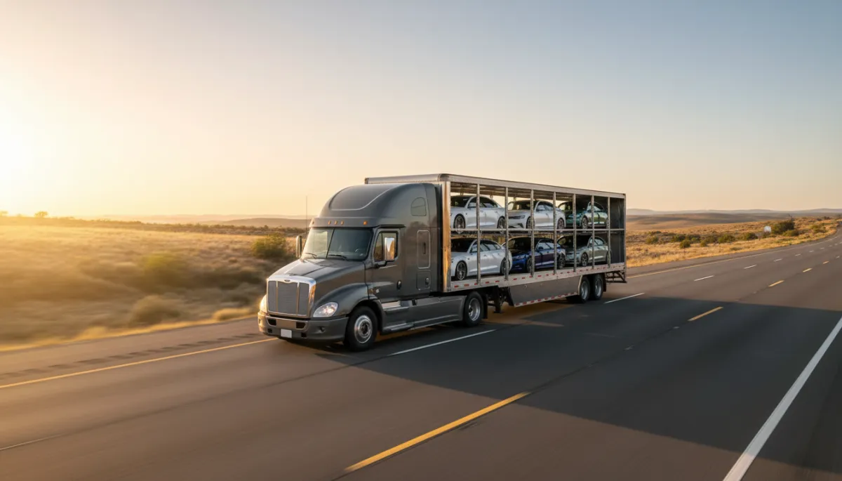 Modern enclosed vehicle transport truck on highway at sunset