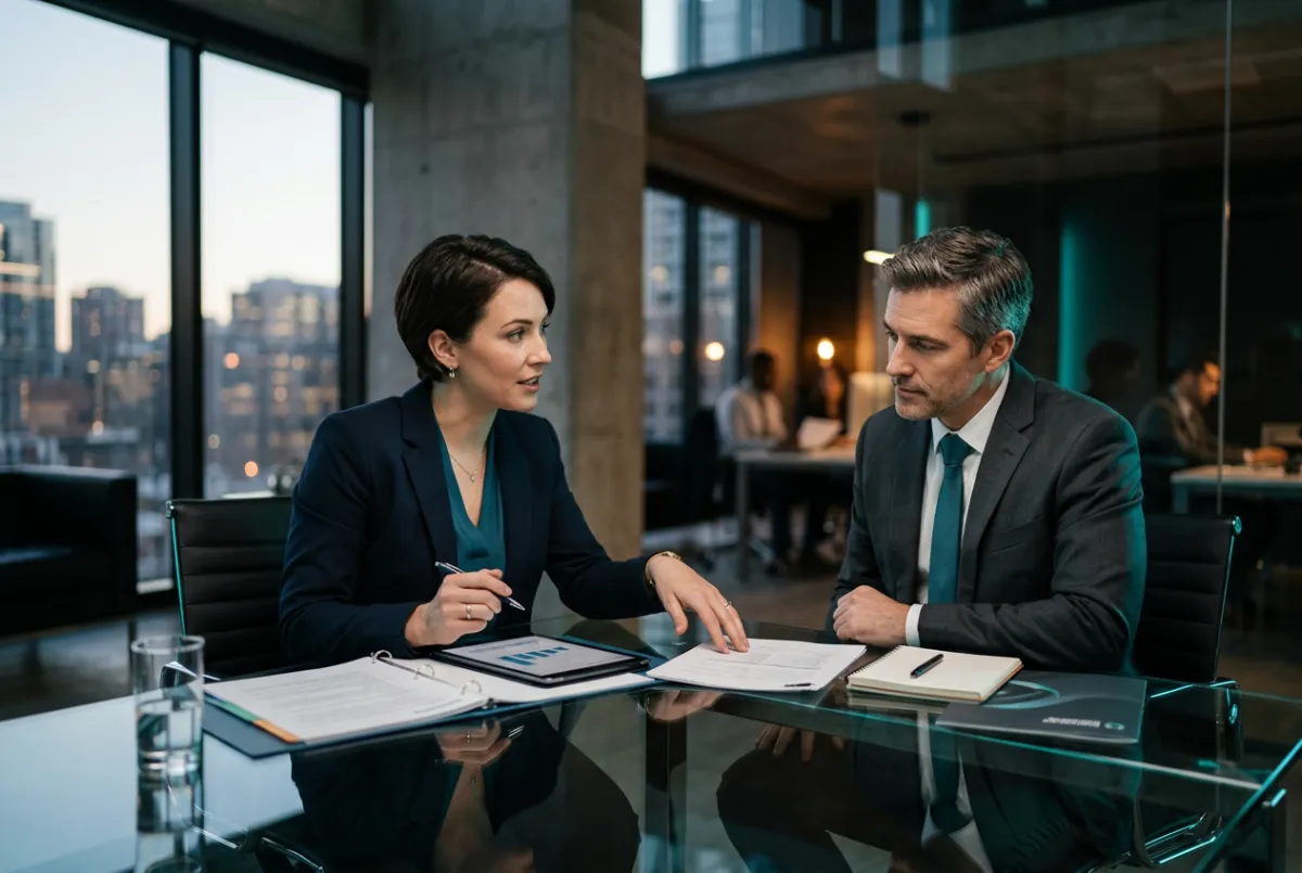 Dedicated corporate service professional reviewing client objectives in an executive meeting room