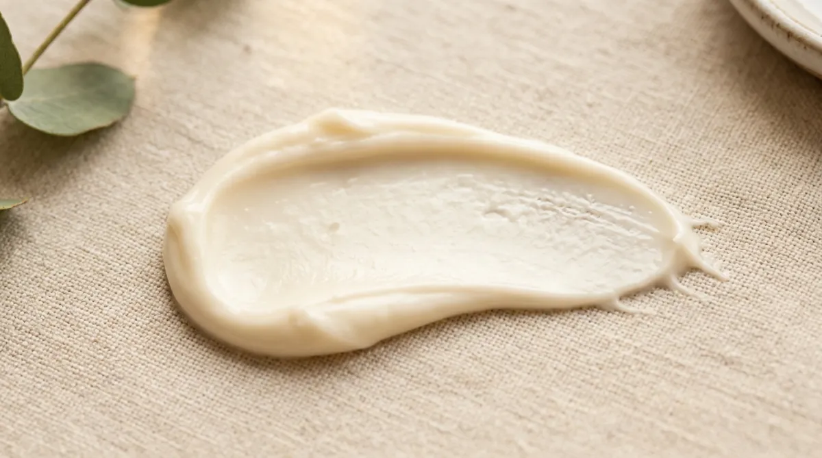 Velvety botanical face cream texture swatch with soft golden illumination