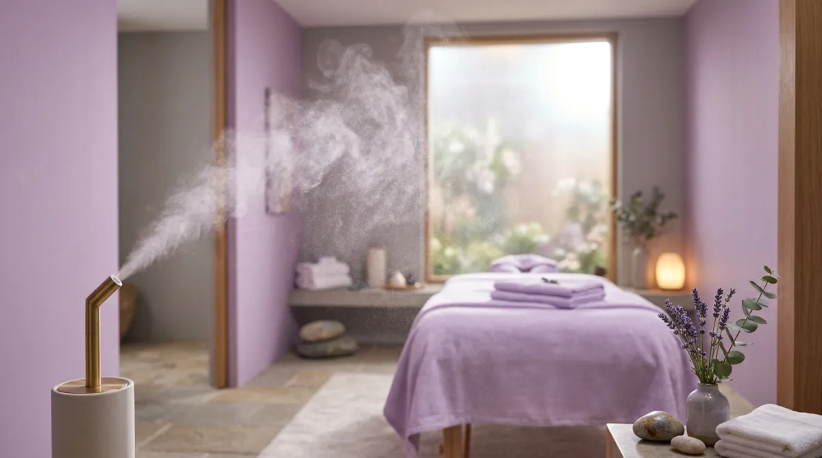 Fine crystal mist spray floating in an ethereal lavender-hued spa environment