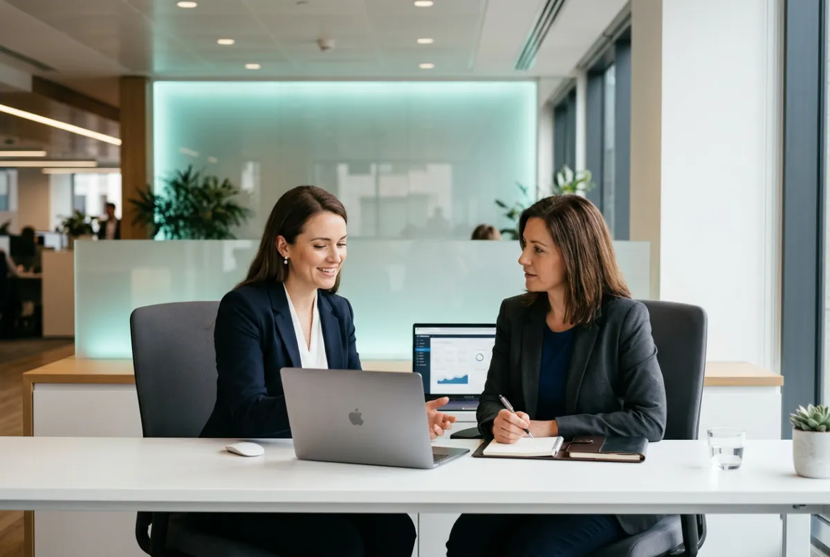 Dedicated professional support consultant assisting a client in a sleek, modern corporate office