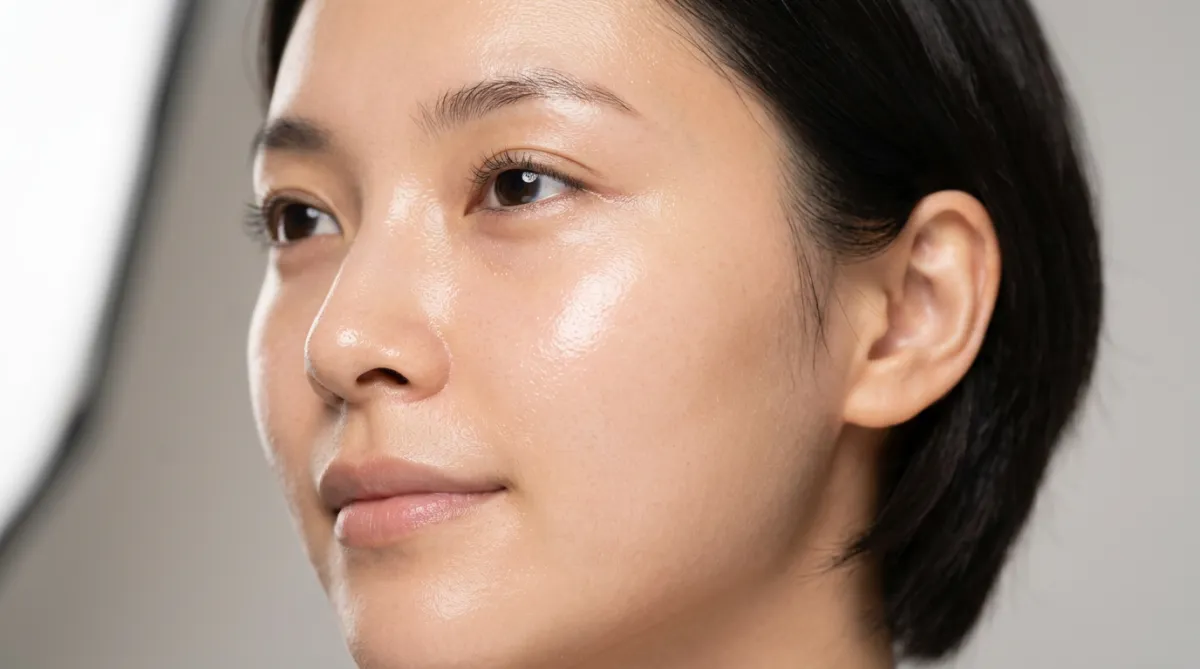 Close-up of radiant, glowing hydrated skin reflecting clean studio light