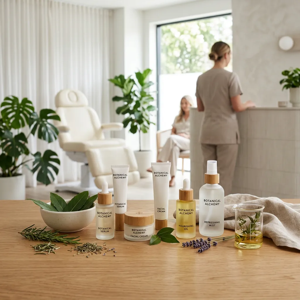 Luxurious skincare serum bottle bathed in soft morning light with botanical shadows