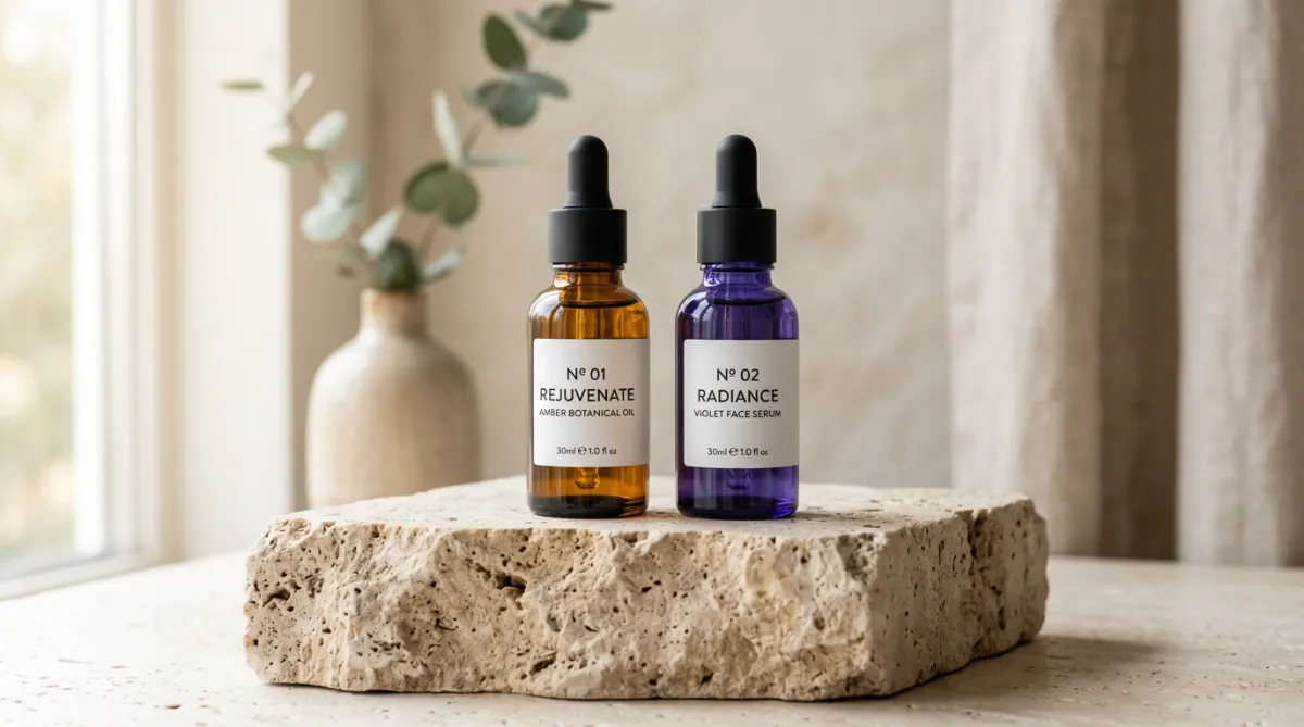 Amber and violet glass dropper bottles on raw travertine stone pedestal