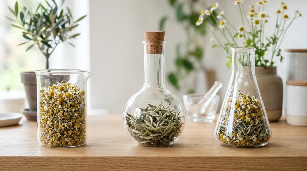 Organic botanicals, wild chamomile blossoms and white tea leaves in glass lab vessels