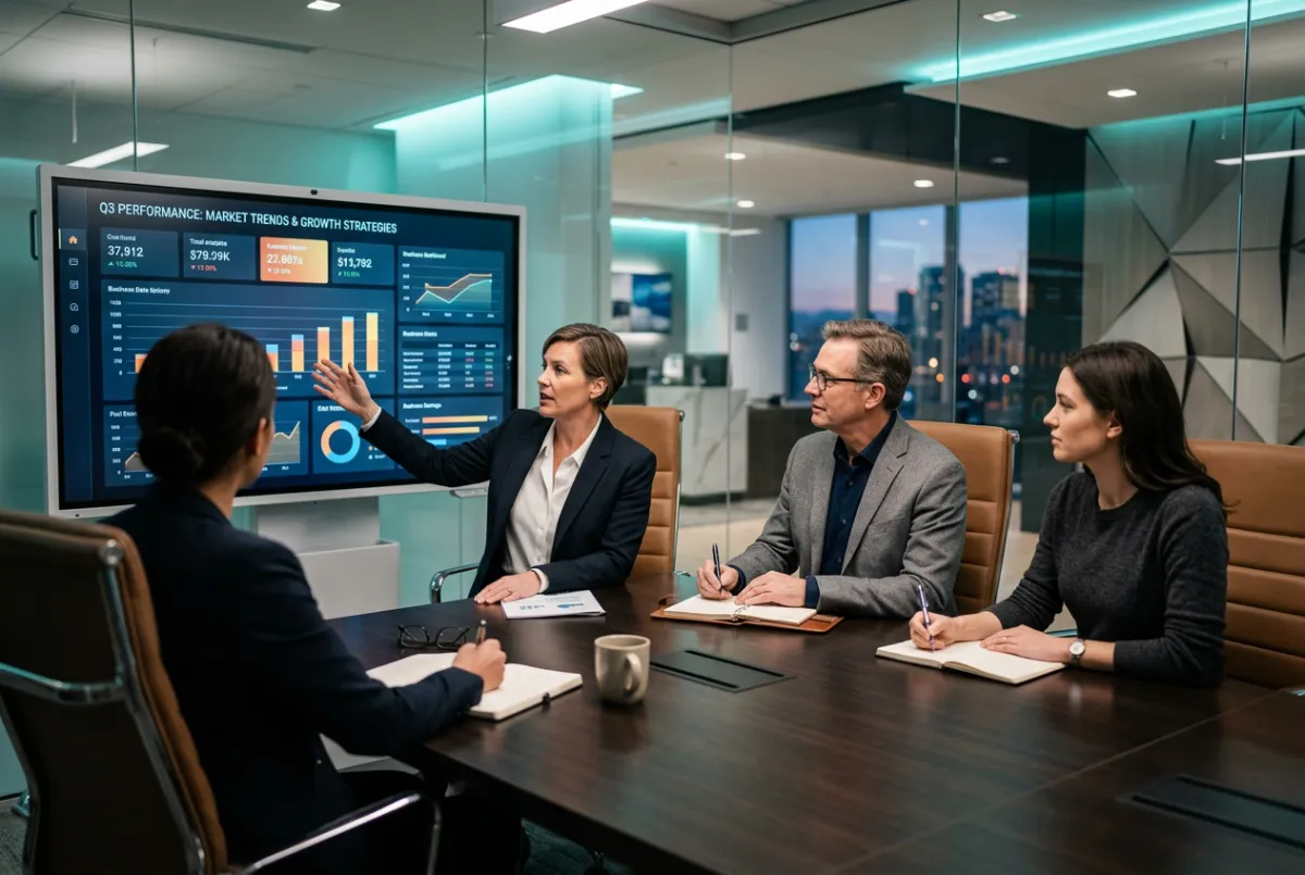 Corporate advisory team engaging in transparent, collaborative communication over dashboard insights