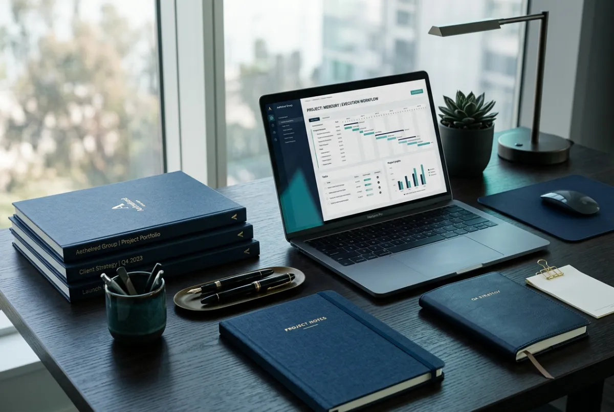 Structured project execution workflow with modern analytical tools and organized management systems