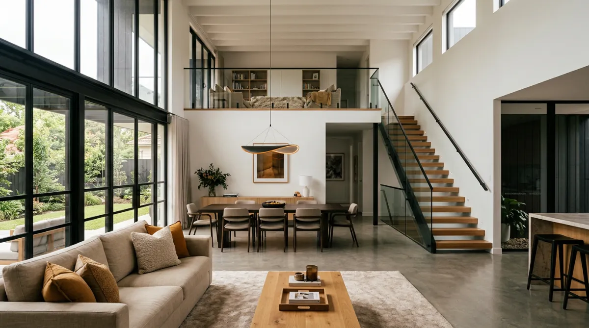 Open plan living, dining and upstairs rumpus area