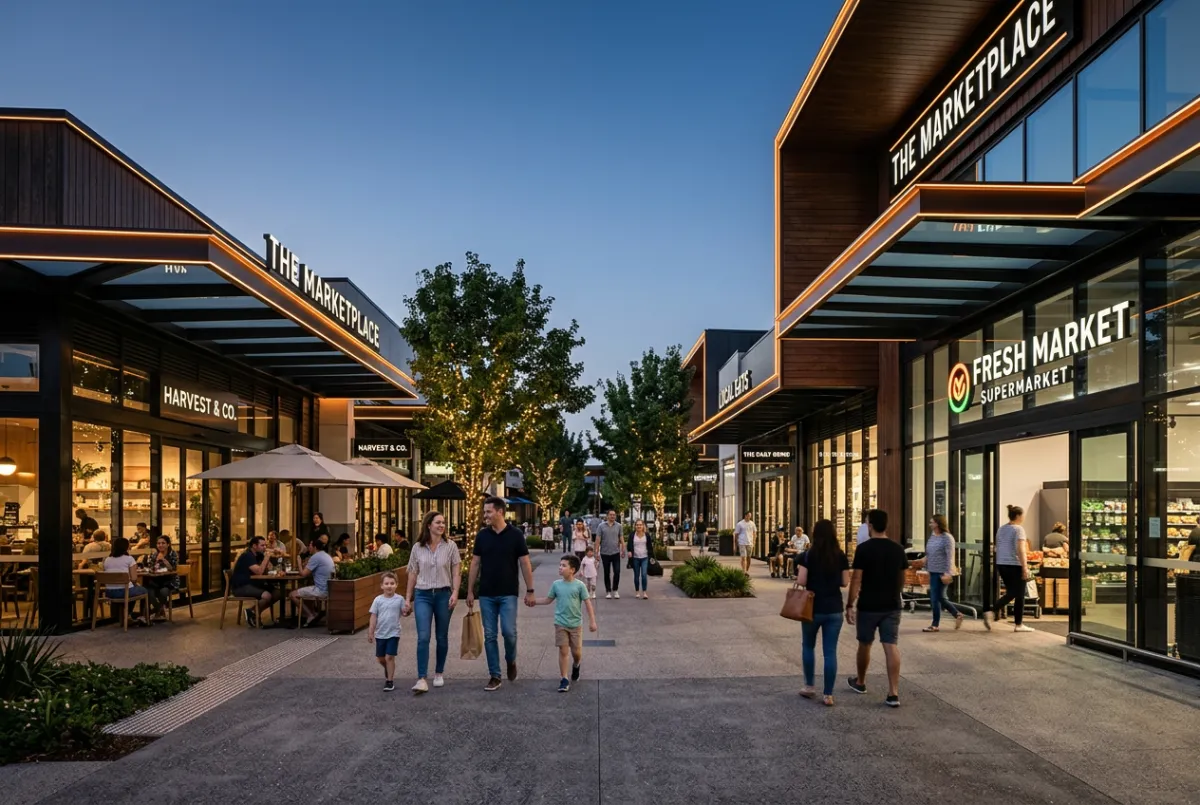 Modern retail and dining precinct at Leppington Village with bustling cafes and grocery shopping