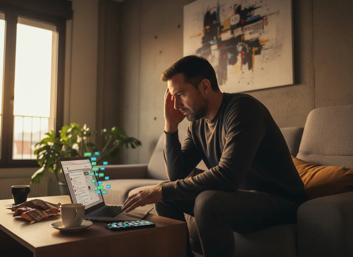 Networker cansado gestionando mensajes en el móvil y el portátil