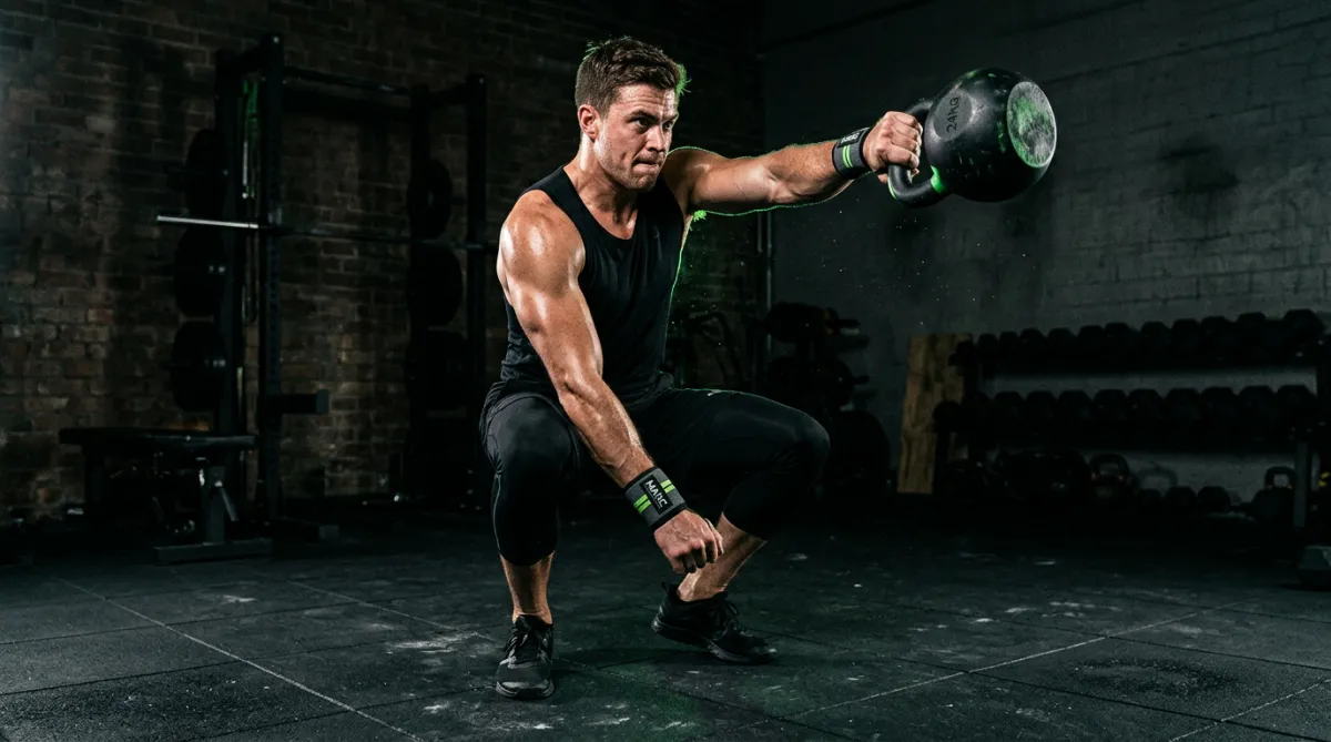 High-performance athlete performing explosive kettlebell drill under dramatic moody gym lighting