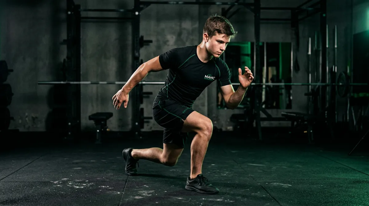 Youth athlete focusing on athletic fundamentals and movement precision in dark gym environment