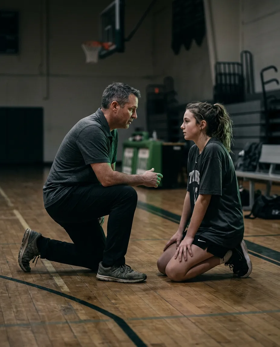 Coach guiding a young athlete through fundamental movement mechanics in training facility