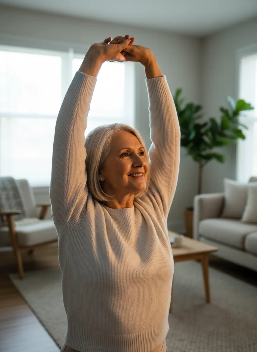 Senior stretching comfortably at home