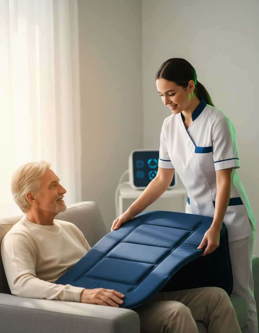 Technician and senior smiling during in-home PEMF session