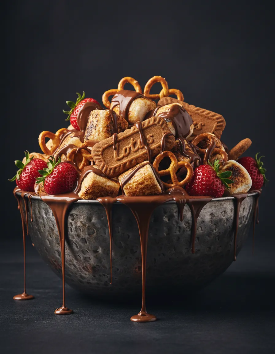 Loaded 44oz wreckage fondue bowl with pretzels and fruit