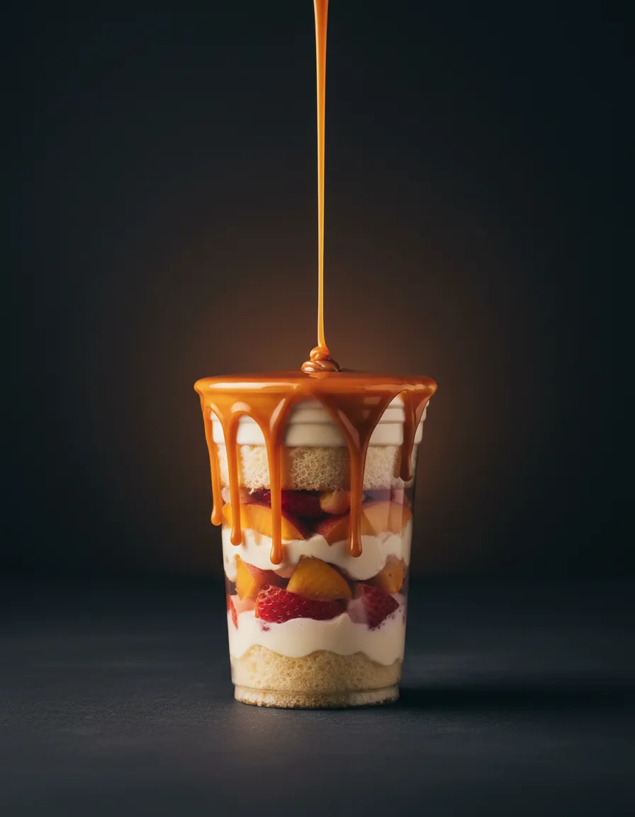 Close up of dripping warm caramel on a dessert bowl