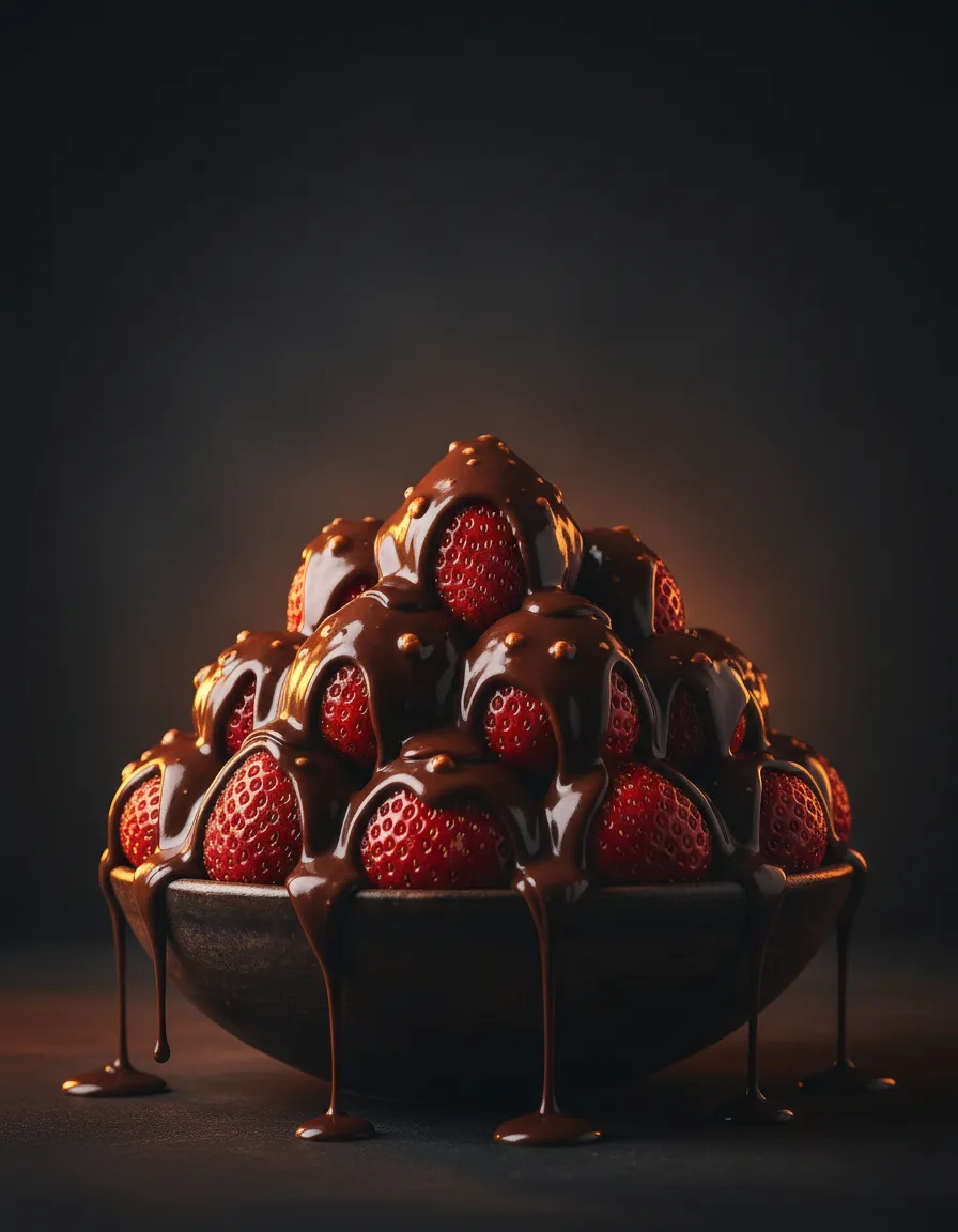 Fresh strawberries completely drenched in hazelnut chocolate