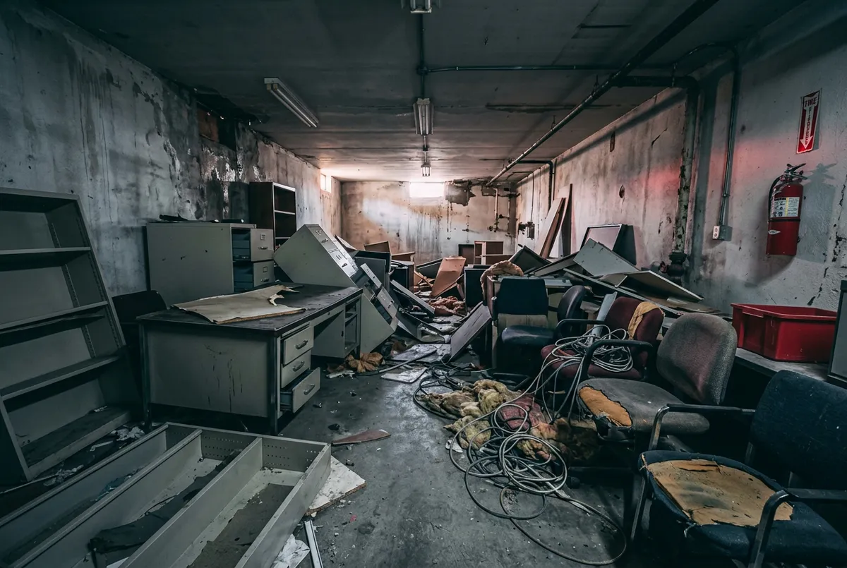 Cluttered commercial basement flooded with discarded office fixtures and heavy debris before disposal